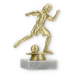 Pokal Kunststofffigur Mädchenfußballerin gold auf weißem Marmorsockel 14,5cm