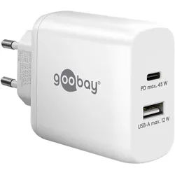 Goobay USB-CTM PD Dual-Schnellladegerät (45 W) weiß - 1x USB-CTM-Anschluss (Power Delivery) und 1x USB-A-Anschluss - weiß