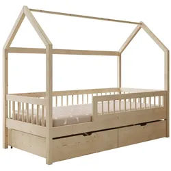 MOEBLO Hausbett Lumia (140x70 cm – Skandinavisches Kinderbett mit Schublade, ohne Matratze, naturfarben, Kinderbett Hausform, Hausbett für Kinder, Bett mit Stauraum Kinderzimmer), In 3 Größen & Farben verfügbar beige 77 cm x 146 cm x 145 cm