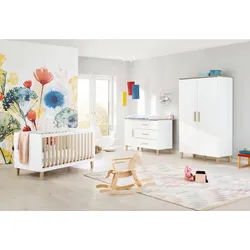 Pinolino Babyzimmer , Weiß, Eichefarben , Holzwerkstoff , 3 Fächer , 3 Schublade(n) Schubladen , FSC Mix , zum Juniorbett umbaubar, höhenverstellbar, Sprossen mit Normabstand, zum Sitzsofa umbaubar, Aufbauanleitung im Karton, Lattenrost inklusive, Schlupfsprossen , Babymöbel & Kindermöbel, Babyzimmer, Babyzimmer-Serien