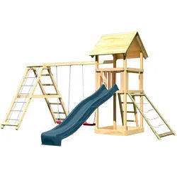 Akubi Kinderspielturm Lotti mit Satteldach inkl. Wellenrutsche anthrazit, Doppelschaukelanbau, Klettergerüst und Netzrampe