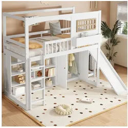 STILVORA Kinderbett mit Rutsche,90×200 Kinderbett Jugendbett mit Kleiderschrank&Ablagefach (Kinder Etagenbett mit Rutsche und Kleiderschrank, 90x200 cm), ohne Matratze weiß
