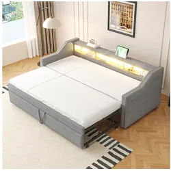 BlingBin Polsterbett Daybett Ausziehbares Schlafsofa mit LED-Licht und USB-Buchse (Multifunktionales Polsterbett, 1-tlg., 90/180 x 190 cm Jugendbett, Kinderbett, Gästeschlafsofa), mit Multifunktionales Staufach, Lattenrost grau 102 cm x 203.5 cm x 74 cm