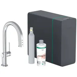 Hansgrohe Aqittura M91 SodaSystem 210, Ausziehauslauf, 1 Strahlart, Schlauchbox (sBox) lite, Starter Set - Chrom