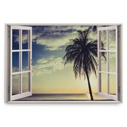 Sinus Art Leinwandbild Wandbild 120x80cm Fensterbild Palme Strand Traumstrand Sommer Horizont, (1 St)