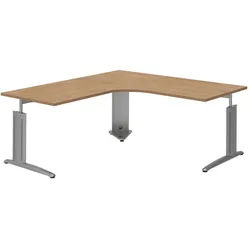 Moderano Eckschreibtisch , Grau, Eichefarben, Alufarben , Metall, Holzwerkstoff , Kufe , 180x70-82x180 cm , Made in Germany , Büromöbel, Büromöbel-Sets & Büromöbel-Serien, Büromöbelserien
