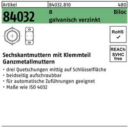 Reyher Muttern 1000er Pack Sechskantmutter R 84032 Biloc Klemmteil M6 8 galv.verz. 10