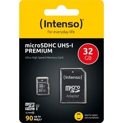 Intenso microSDHC Card 32GB, Premium, Class 10, U1 (R) 90MB/s, (W) 10MB/s, SD-Adapter, Retail-Blister