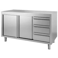 Gastro-Inox Edelstahl Arbeitsschrank mit Schiebetüren, Tiefe 600 , Hoher Edelstahlschrank mit in die Höhe verstellbaren runden Beinen, Maße: (L x T x H) 2000 x 600 x 880 mm, mit 3 Schubladen