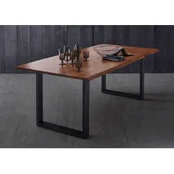 SAM® Baumkantentisch Lennart, massives Akazienholz, 26mm, natürliche Baumkante, Metallgestell U-Form braun 300 cm x 77 cm x 100 cm