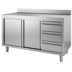 Gastro-Inox Edelstahl Arbeitsschrank mit Drehtüren, Tiefe 700 mm, Hoher Edelstahlschrank mit in die Höhe verstellbaren runden Beinen, Maße: (L x T x H) 2000 x 700 x 880 mm, 3 Schubladen + Aufkantung