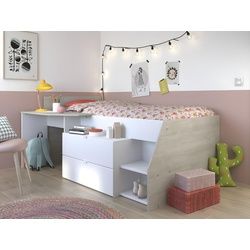 Kinderbett mit Schreibtisch & Stauraum - 90 x 200 cm - Weiß & Naturfarben - GISELE