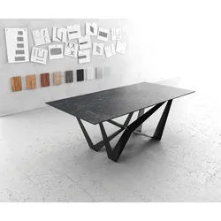 Esstisch Edge 200x100cmKeramik Laminam®Nero Greco Anthrazit Mittelfuß Flachstahl Schwarz
