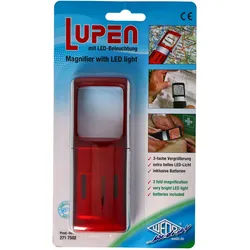 Lupe mit LED-Beleuchtung und 3fach Vergrösserung Farbe Rot, in Blisterverpackung