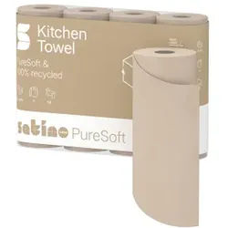 Satino PureSoft Küchenrolle, 3-lagig, saugstark, Premium Küchentücher in Recycling-Qualität aus 100% recyceltem Karton, 1 Karton = 8 Packungen à 4 Rollen à 64 Blatt