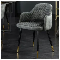 LebensWohnArt Stuhl Design Stuhl FRANCE Samt grau grün Ziersteppung Armlehnen