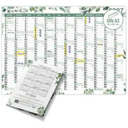TOBJA Wandkalender Wandkalender 2027 A3 Eukalyptus – Jahresplaner Querformat, Botanical Design, KW, FSC-Papier, Rückseite Jahresplanung