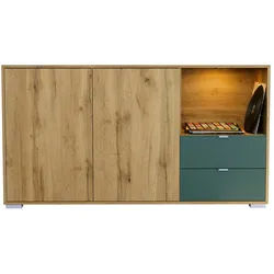Vladon Sideboard Milano (Kommode mit 2 Türen Eiche Evoke, 2 Schubladen Fjord Grün, inkl. LED, Made in Germany), Korpus Eiche Evoke (152,5 x 83 x 37 cm) braun