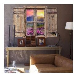 K&L Wall Art Wandtattoo 3D Wandtattoo Holzoptik Herz Aufkleber Vintage Sonnenuntergang in Bergen, Holzfenster Wandbild selbstklebend bunt