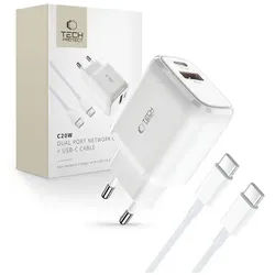 C20W USB-C PD 20W / USB-A QC 3.0 Network Charger with USB-C / USB-C Cable - White