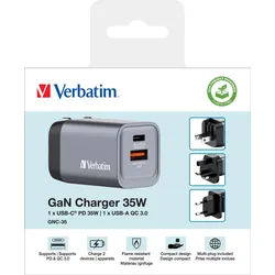 Verbatim Ladeadapter, Universal, GNC-35, GaN, 35W, grau 1x USB-A QC, 1x USB-C PD, Retail