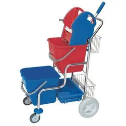 CleanSV® SPL verchromter Putzwagen mit Moppresse, 2 Körben und 2 Plastikeimern je 20l