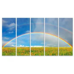 islandburner Leinwandbild Bild auf Leinwand Landschaft Mit Blühenden Feld Und Rainbow Wandbild