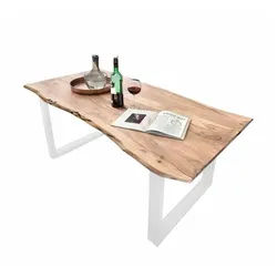 SAM® Baumkantentisch Lennart, massives Akazienholz, natürliche Baumkante, Metallgestell U-Form beige 140 cm x 77 cm x 80 cm