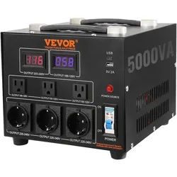VEVOR 5000VA Spannungswandler Transformator AC 110V⇋220V Transformer Wandler 3x US NEMA 5-15R 3-polige / 3x europäische Shucko-Ausgangssteckdosen, 1x 5V-USB-Anschluss und 1x Typ-C-Buchse