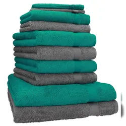 Betz 10-tlg. Handtuch-Set PREMIUM 100%Baumwolle 2 Duschtücher 4 Handtücher 2 Gästetücher 2 Waschhandschuhe Farbe Smaragd Grün & Anthrazit Grau