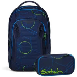Satch Schulranzen Schulrucksack-Set MATCH PLUS Blue Tech 2-teilig (2-teilig), Schulranzen, ergonomisch, 30 + 5 Liter, 4 Fächer blau