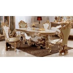 Casa Padrino Luxus Barock Esszimmer Set Weiß / Braun / Gold - 1 Barock Esstisch & 6 Barock Esszimmerstühle - Barock Esszimmer Möbel - Luxus Möbel im Barockstil - Edel & Prunkvoll - Luxus Qualität