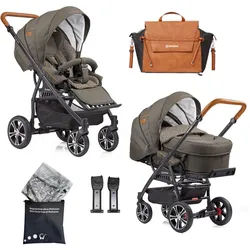 Gesslein Kinderwagenset , Olivgrün, Cognac , Textil , 57x129x100 cm , EN 1888, UV 50+, Made in Germany , Feststellbremse, Federung, kugelgelagerte Räder, für Babyschale geeignet, Griff in Lederoptik, Reflektorstreifen,5-Punkt-Gurt, Gurtschoner, Schutzbügel abnehmbar, Verdeck abnehmbar, Sichtfenster, Sitz umsetzbar,Matratze, Bezug abnehmbar und waschbar , Baby On Tour, Kinderwagen, Kombikinderwagen
