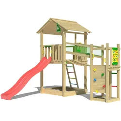 Jungle Gym Spielturm Fortress, Spielanlage mit 2 Türmen, Brücke und Rutsche mit Wasseranschluss grün|rot