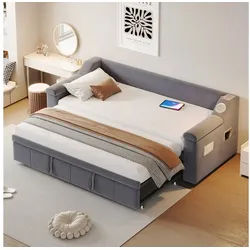 MODFU Schlafsofa mit Bluetooth-Stereo, USB-Ladeanschluss & Ablagefächern, Polsterbett 90/180x190cm, ohne Matratze grau