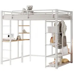 Tongtong Etagenbett,Kinderbett, Metall-Hochbett mit Leiter (Bis 120 kg belastbar, 140*200 cm,Weiß), Juniorbett Doppelbett mit einfachen Kleiderbügeln mit Ablagefächern weiß