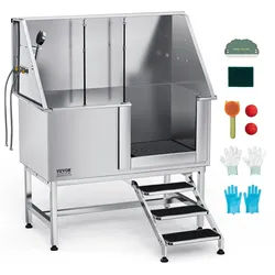 VEVOR Hundewaschstation Edelstahl, 1270x700x1545mm Tierpflegewanne mit Treppe, PE-Wasserfilterplatte, Wasserhahn, Duschkopf & Seifenhalter, für große, mittelgroße & kleine Haustiere (rechte Tür)