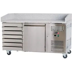 Romux® Pizzatisch 1 Tür und 7 Schubladen 150x80 cm mit Arbeitsfläche aus Granit mit Umluftkühlung | Pizzakühltisch aus Edelstahl