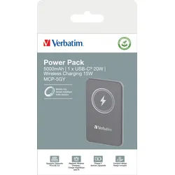 Verbatim Akku Powerbank, 5.000mAh, MCP-5GN, grau Magnetic Wireless, USB-C, QC-PD 3.0, Retail-Blister