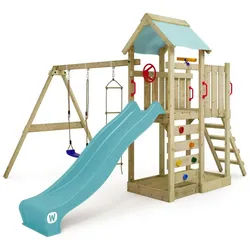 Wickey Spielturm MultiFlyer mit Schaukel & Rutsche und Kletterleiter, 10-Jahre Garantie*, Integrierter Sandkasten, Klettersteine blau