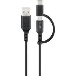 Lade- und Synchronisationskabel Kombikabel, Kabel mit Micro-B und USB-C Stecker, 2in1 Ladekabel, 1m, schwarz