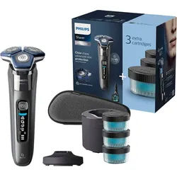 Philips Elektrorasierer Shaver Series 7000 S7887/63, Reinigungsstation, ausklappbarer Präzisionstrimmer, 4 Reinigungskartuschen, Ladestand, Etui, mit SkinIQ Technologie grau