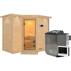 Karibu Sauna Sahib 2-Massivholzsauna 40mm -Eckeinstieg - Exklusivoptik - 9 kW Bio-Kombiofen inkl. Steuergerät-Inkl. Dachkranz-Klarglas Ganzglastür