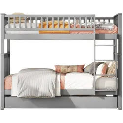Okwish Etagenbett 90/200 cm grau mit Ausziehbett und stabiler Treppe , Grau , Holz , 90x200 cm , Babymöbel & Kindermöbel, Kinderzimmer & Jugendzimmer, Stockbetten