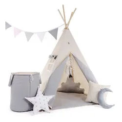 Rainbow Kids Tipi-Zelt Kinderzelt Spielzelt Teepee mit Fenster, Personen: 2 (mit Zubehör, mit 4 Kissen, Matte, Spielzeugkorb und Wimpelkette), Made in Europe grau