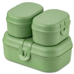 Koziol Lunchbox Set PASCAL READY MINI, 3-teilig, Robuste Frühstücksdosen mit sicherem Clipverschluss, 1 Set, Farbe: grün