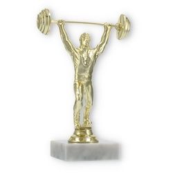 Pokal Kunststofffigur Gewichtheber gold auf weißem Marmorsockel 17,5cm