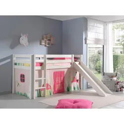 Vipack Hochbett Pino, Spielbett massiv Kiefer, stabil gebaut, 3 Korpusfarben zur Wahl (inkl. Rolllattenrost, Leiter und Absturzschutz, mit oder ohne Rutsche) Textil-Set "Spring", inkl. Vorhang, mit oder ohne Tunnel weiß 218 cm x 210 cm x 114 cm