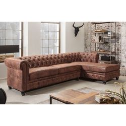 Casa Padrino Chesterfield-Sofa Chesterfield Ecksofa Rechts Antik Braun - Microfaser Wohnzimmer Sofa - Chesterfield Wohnzimmer Möbel