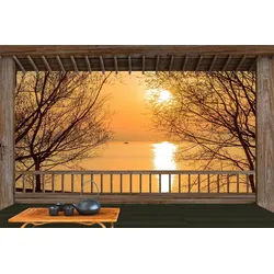 Papermoon Fototapete VLIES-Tapete Premium "Terrasse am Wasser", Kleister KOSTENLOS, reduziert, 3D-Effekt, restlos trocken abziehbar, (4166), Wandtapete Bild Dekoration Wand-Dekor Motiv Tapete Poster 4 m x 2.6 m
